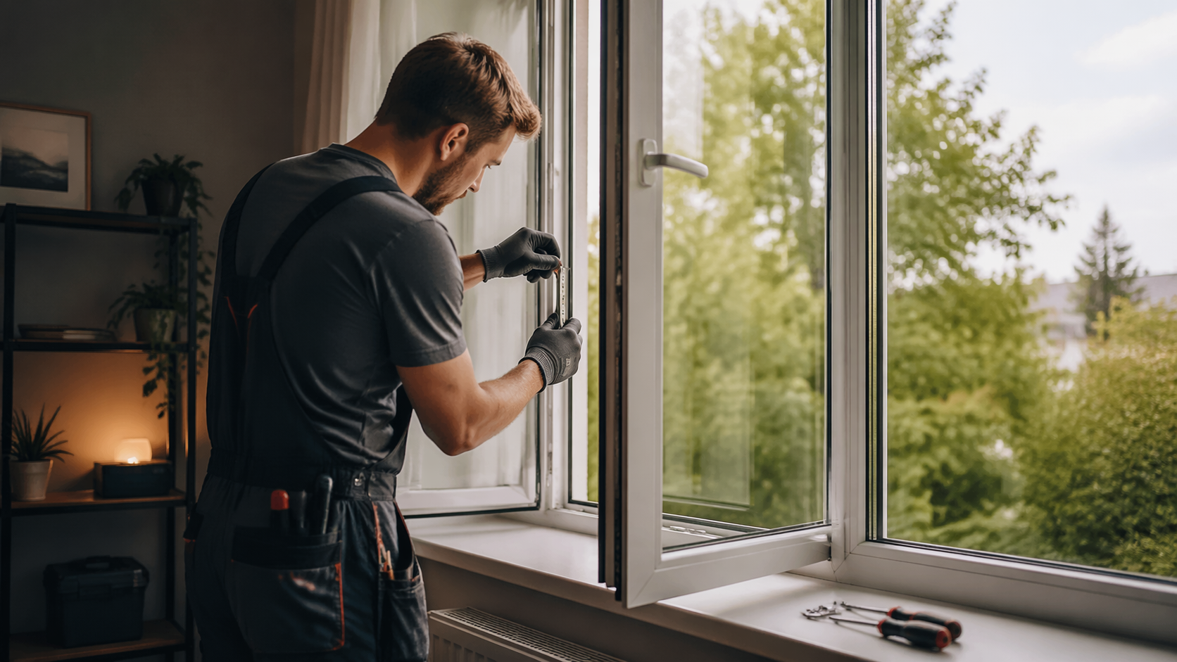 Handwerker bei der Fensterreparatur
